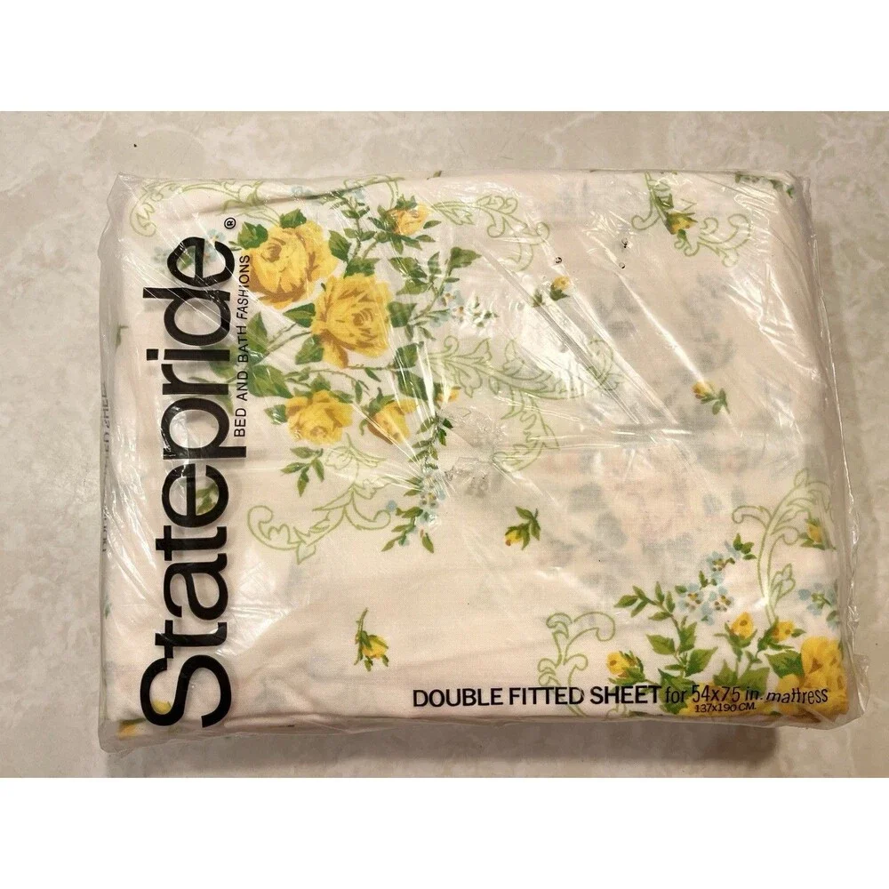 Vtg Statepride Carmen Double Flat Fitted Sheets New Old Stock Cream Yellow Roses